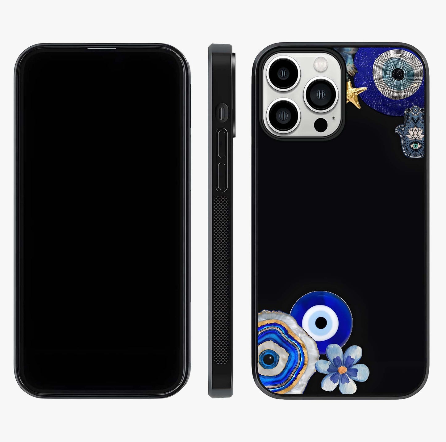 Aesthetic Blue Evil Eye Glass Case displayed upright for full design visibility and premium finish.