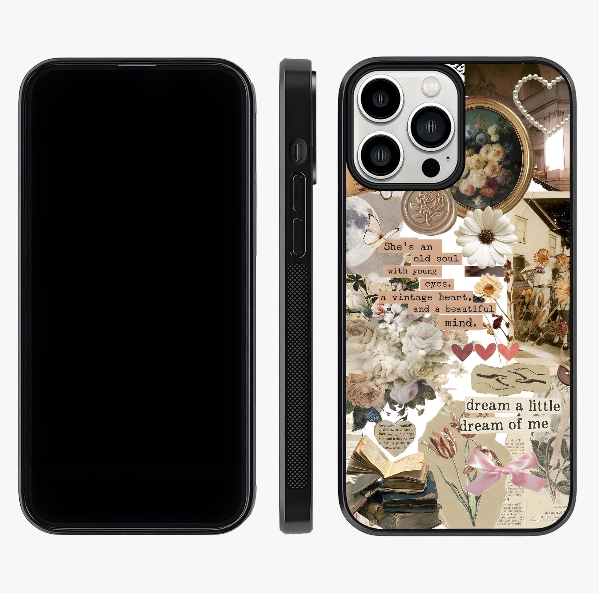 Aesthetic Brown Vintage Collage Glass Case displayed upright for full design visibility and premium finish.