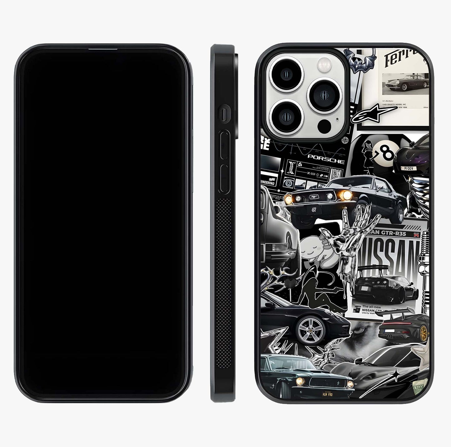 Aesthetic Dark Love Glass Case displayed upright for full design visibility and premium finish.