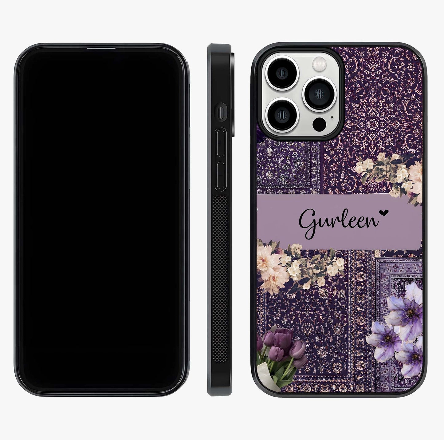 Antique Floral Whisper Custom Name Glass Case displayed upright for full design visibility and premium finish.