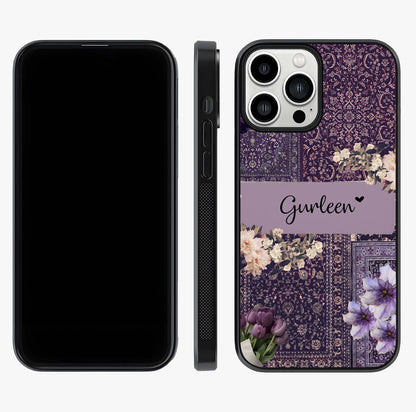 Antique Floral Whisper Custom Name Glass Case displayed upright for full design visibility and premium finish.