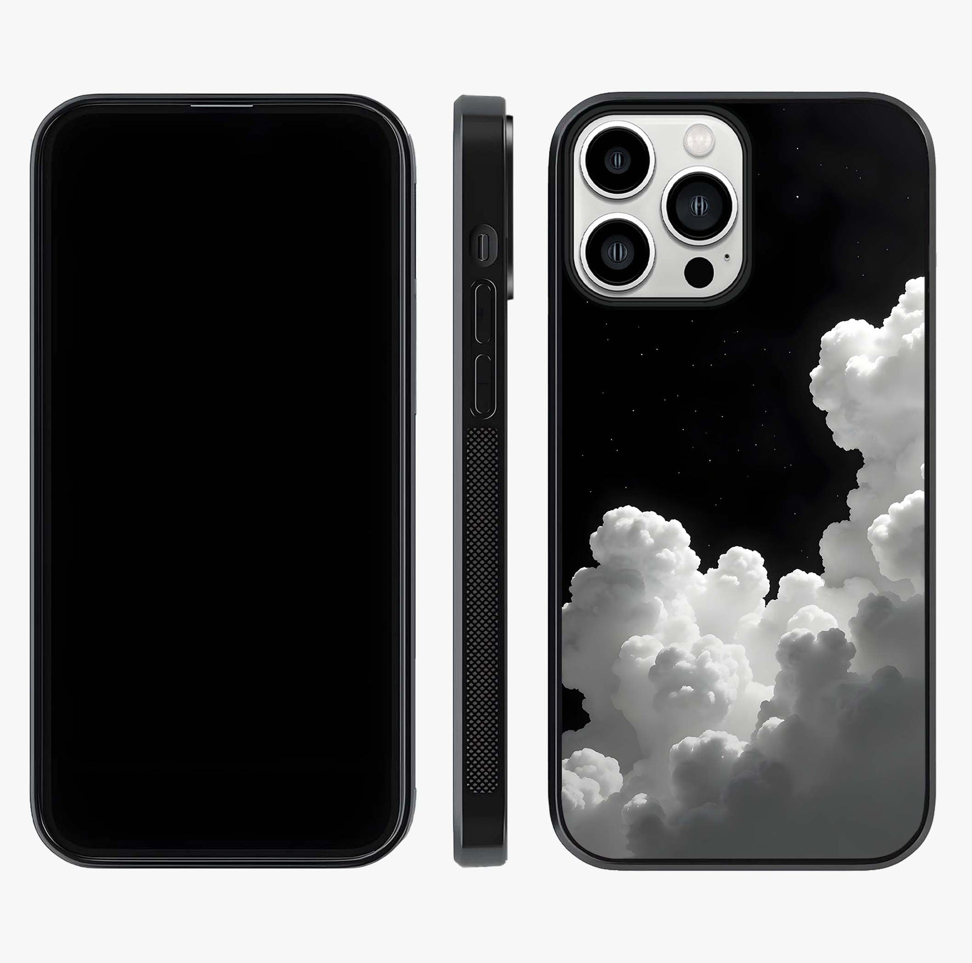 Black Background With White Cloud Glass Case displayed upright for full design visibility and premium finish.