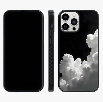Black Background With White Cloud Glass Case displayed upright for full design visibility and premium finish.