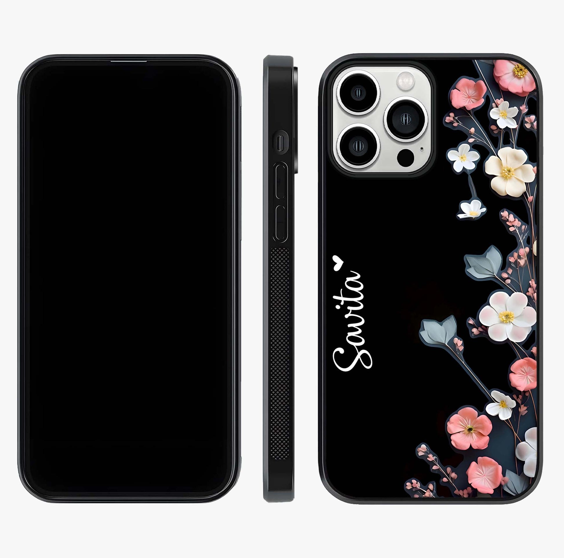 Black Elegance Floral Custom Name Glass Case displayed upright for full design visibility and premium finish.