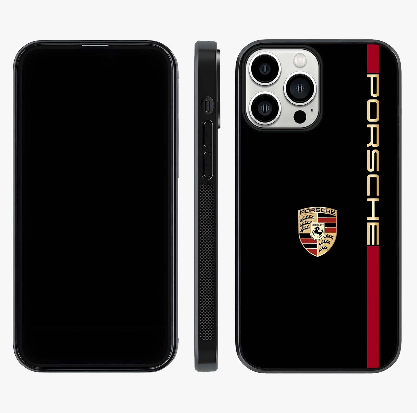 Black Minimal Porsche Glass Case displayed upright for full design visibility and premium finish.
