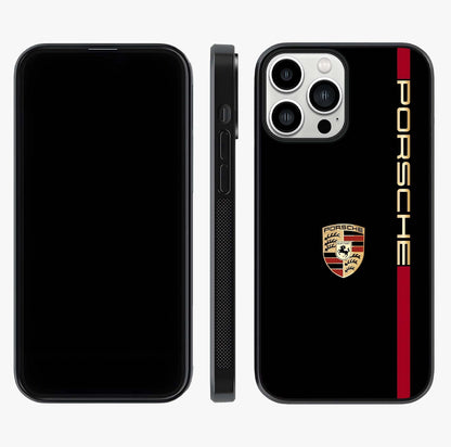 Black Minimal Porsche Glass Case displayed upright for full design visibility and premium finish.