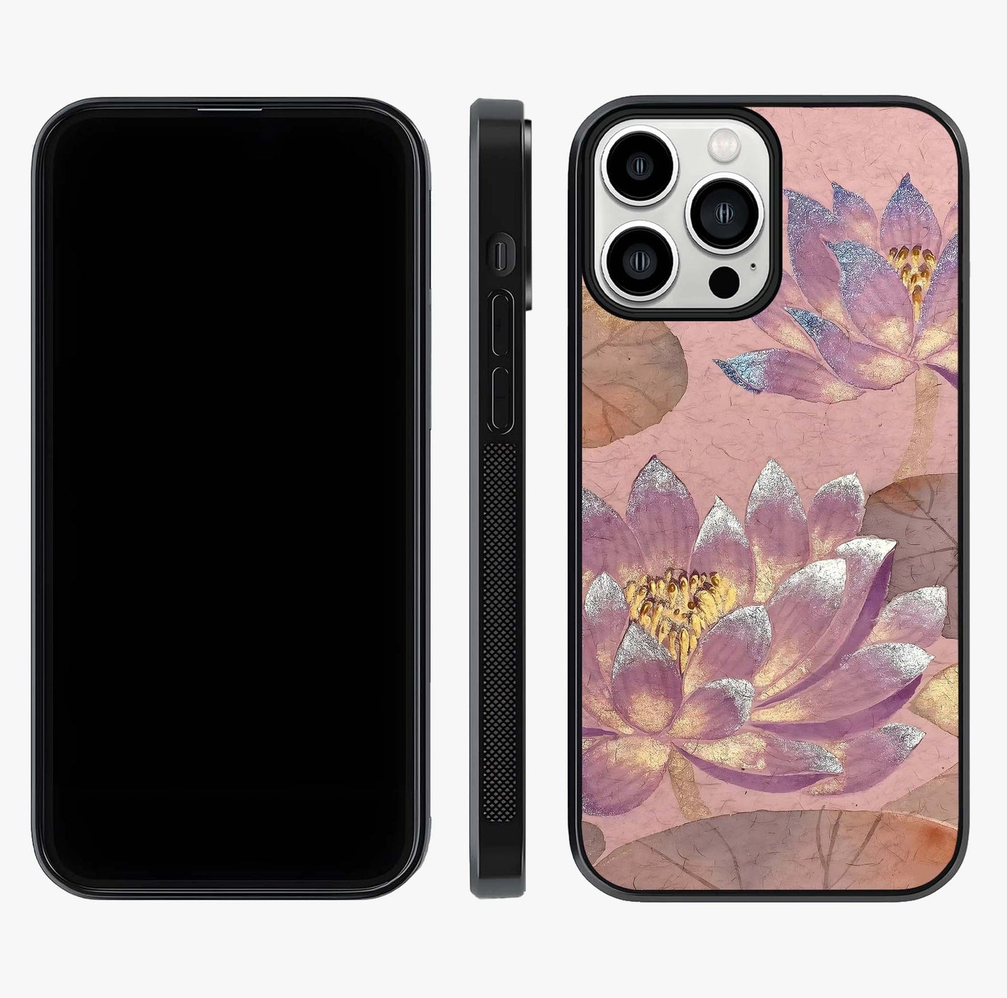 Blossom Mist Lotus Glass Case displayed upright for full design visibility and premium finish.