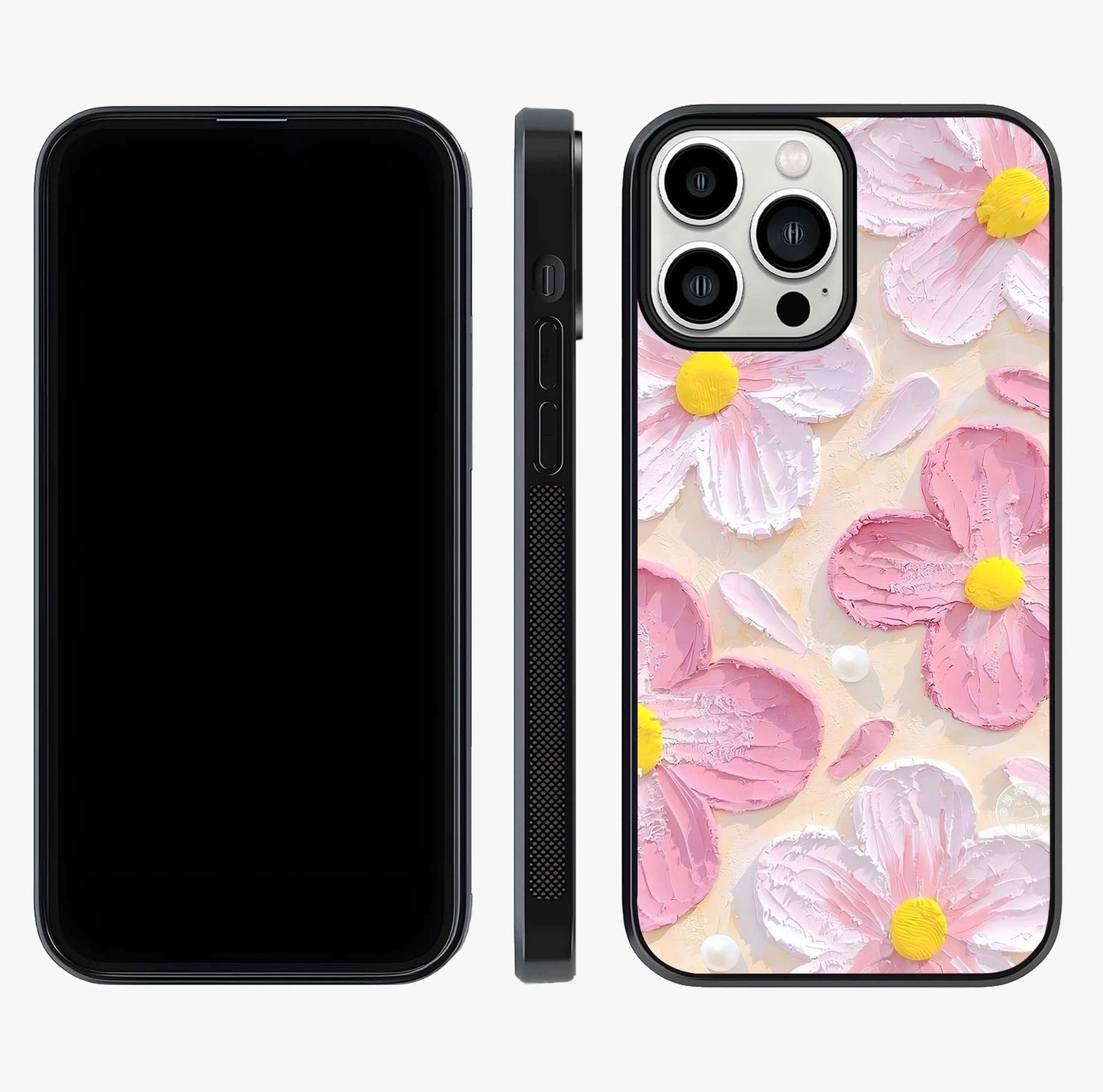 Blush Bloom Texture Glass Case displayed upright for full design visibility and premium finish.