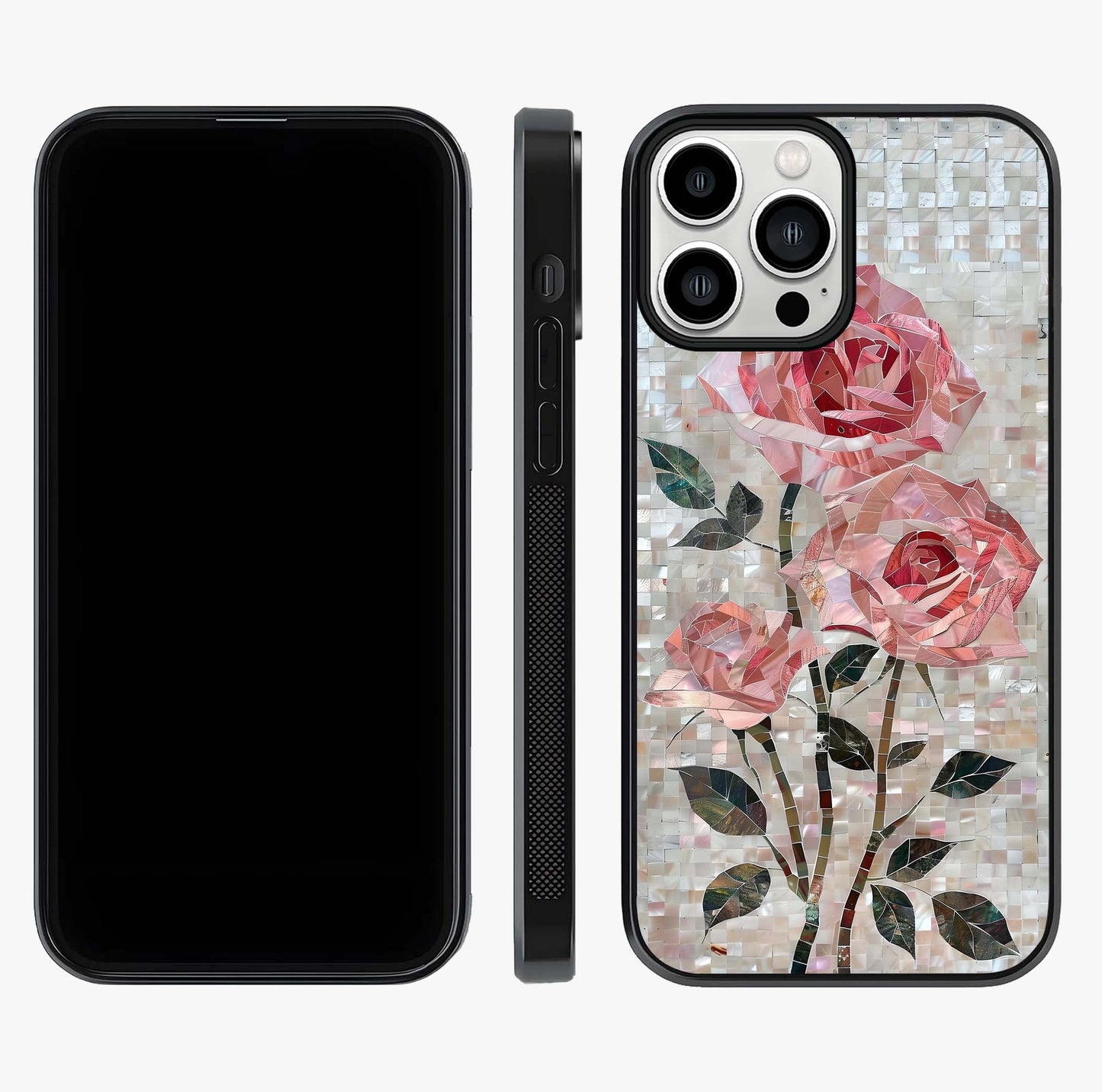 Blush Mosaic Bloom Glass Case displayed upright for full design visibility and premium finish.