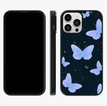 Butterfly With Stars Pattern Glass Case displayed upright for full design visibility and premium finish.