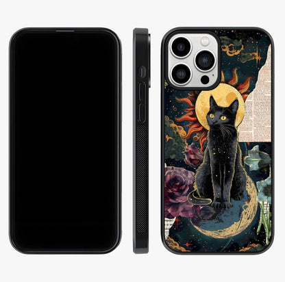 Celestial Black Cat Glass Case displayed upright for full design visibility and premium finish.