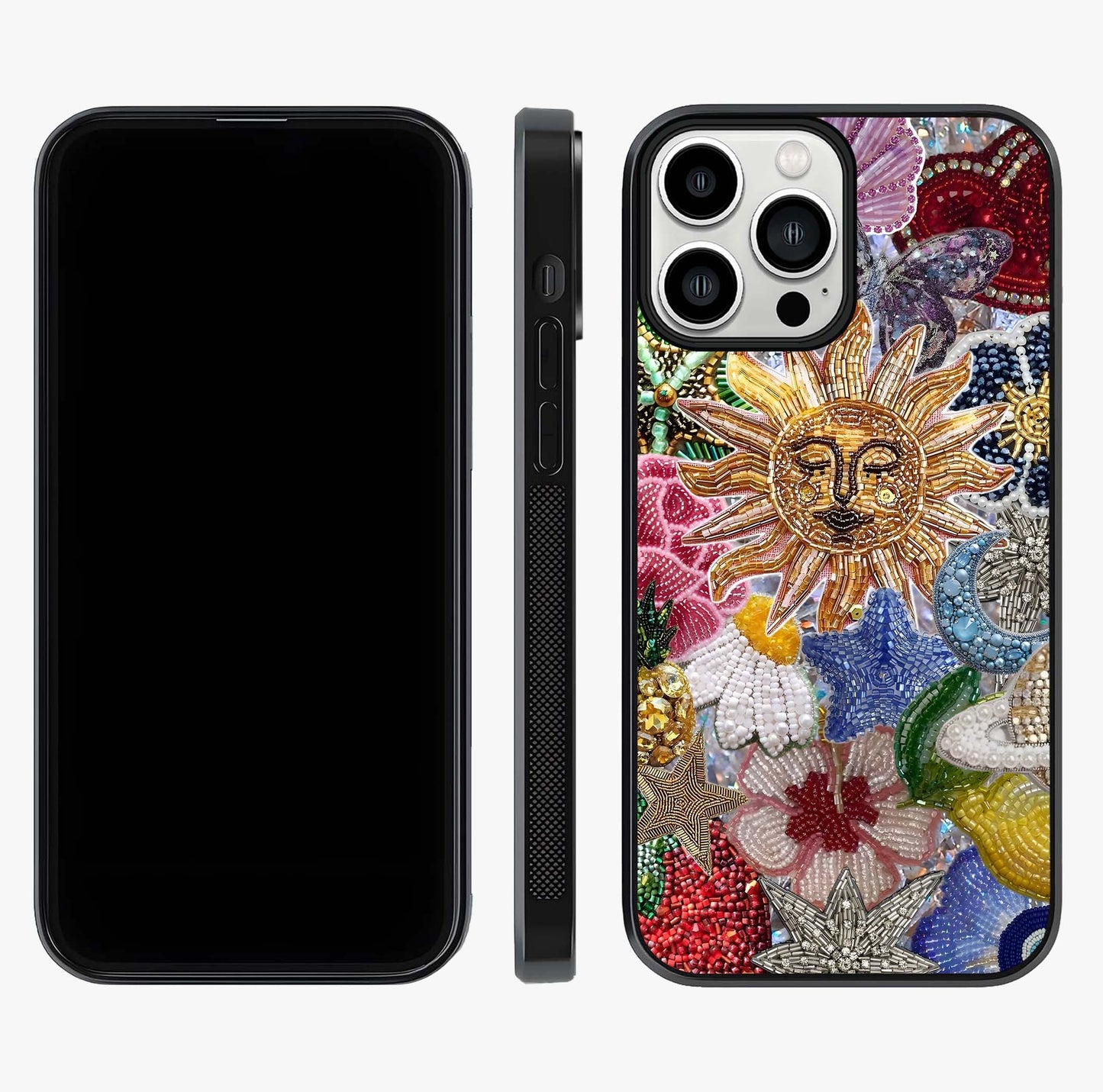 Celestial Floral And Playful Glass Case displayed upright for full design visibility and premium finish.