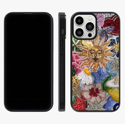 Celestial Floral And Playful Glass Case displayed upright for full design visibility and premium finish.