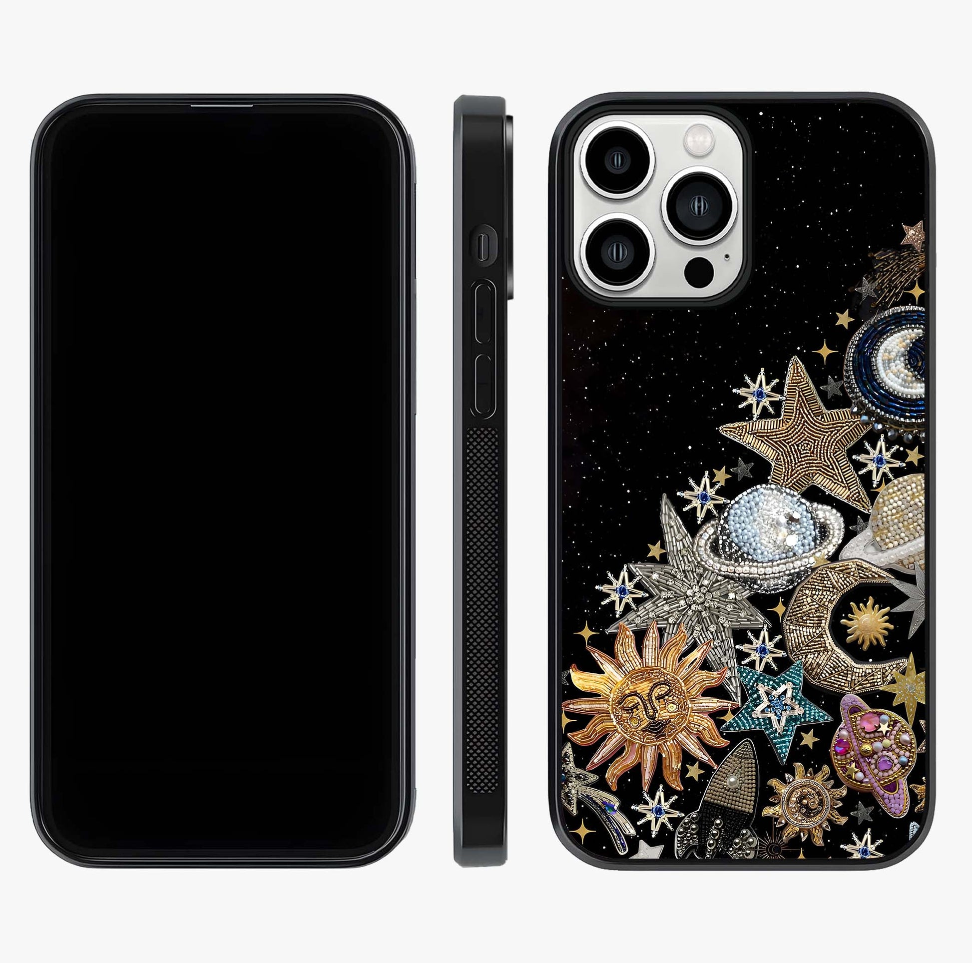 Cosmic Sparkle Dreams Glass Case displayed upright for full design visibility and premium finish.