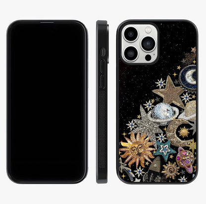 Cosmic Sparkle Dreams Glass Case displayed upright for full design visibility and premium finish.