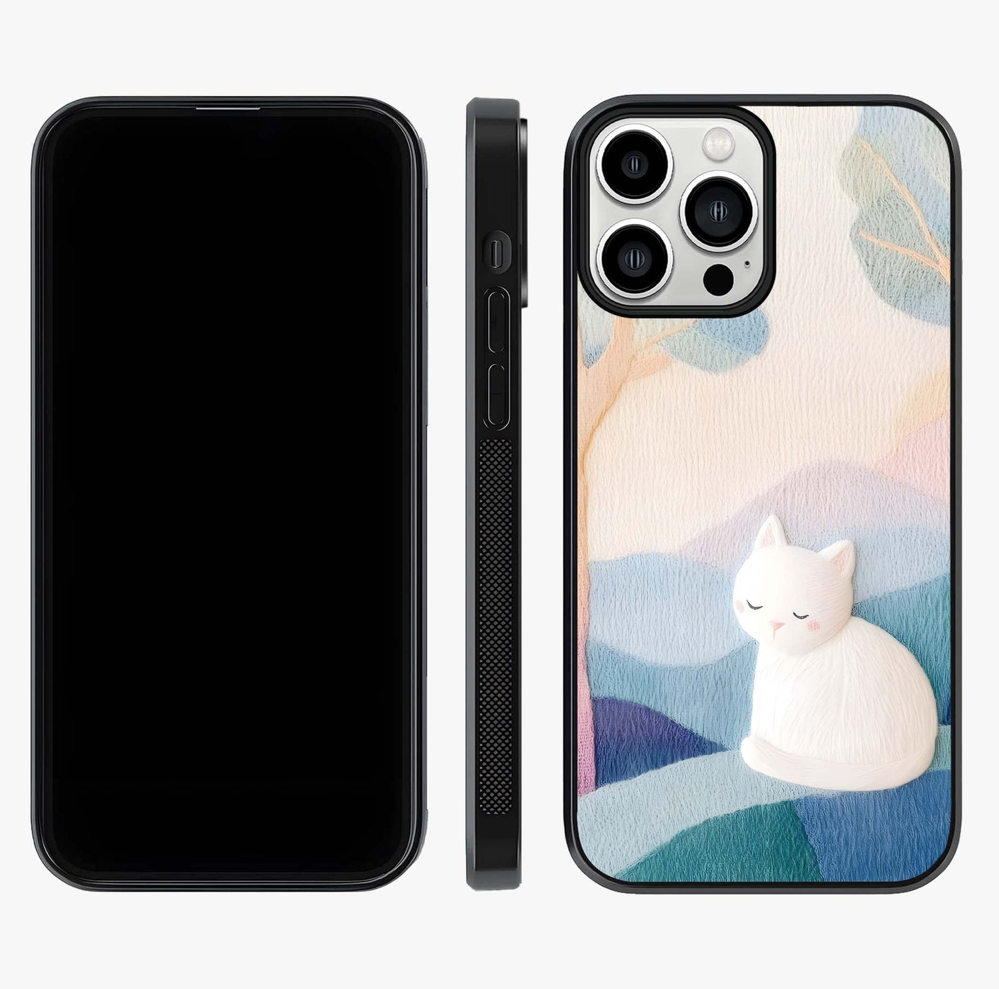 Cotton Dream Cat Glass Case displayed upright for full design visibility and premium finish.