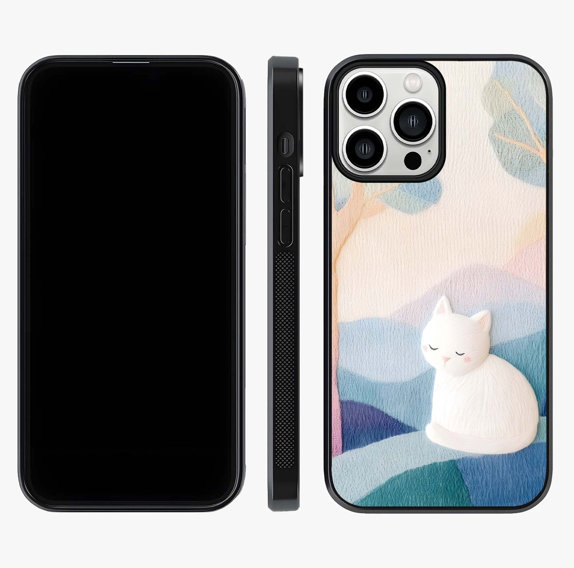 Cotton Dream Cat Glass Case displayed upright for full design visibility and premium finish.