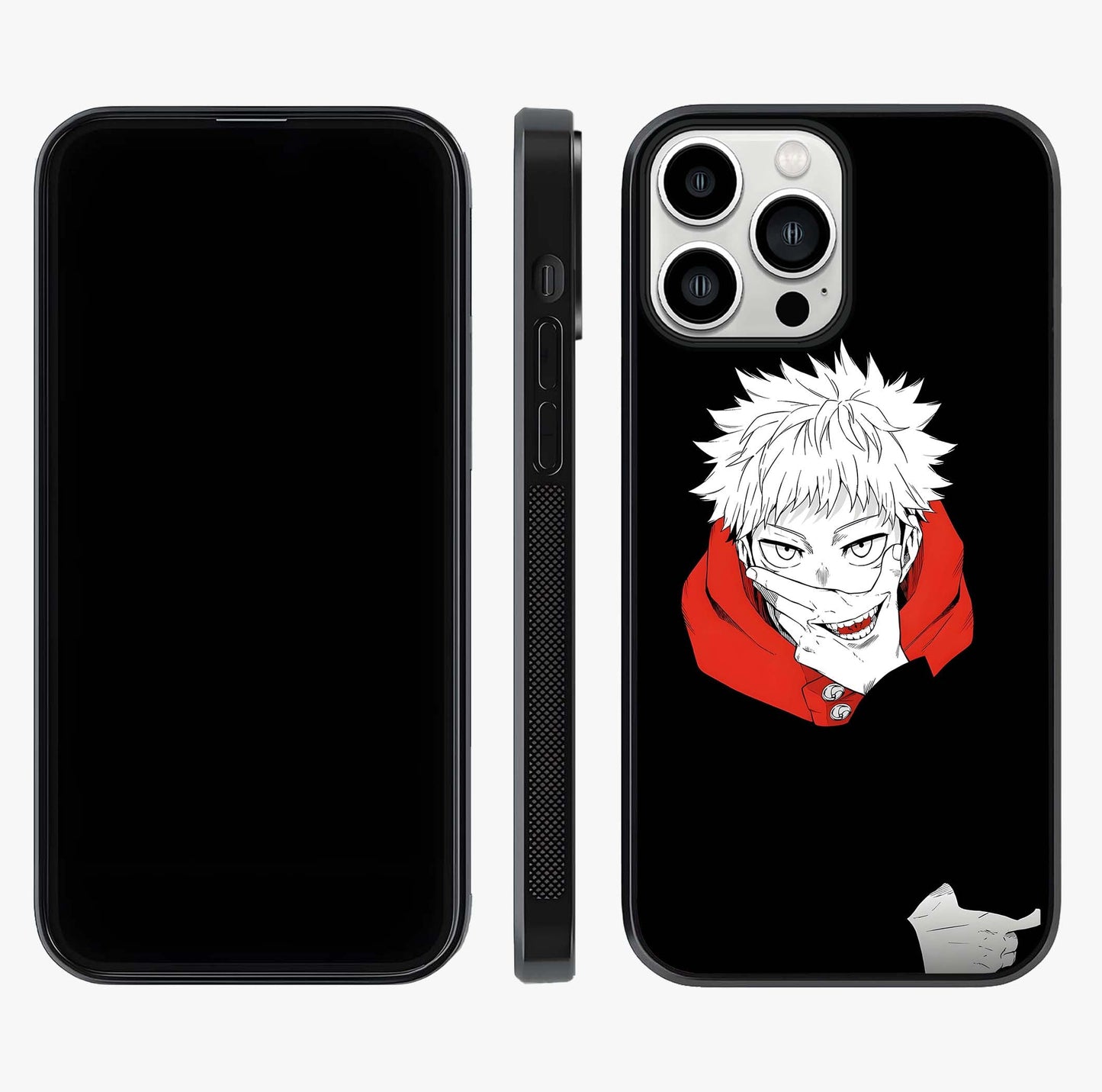 Crimson Chaos Smile Glass Case displayed upright for full design visibility and premium finish.