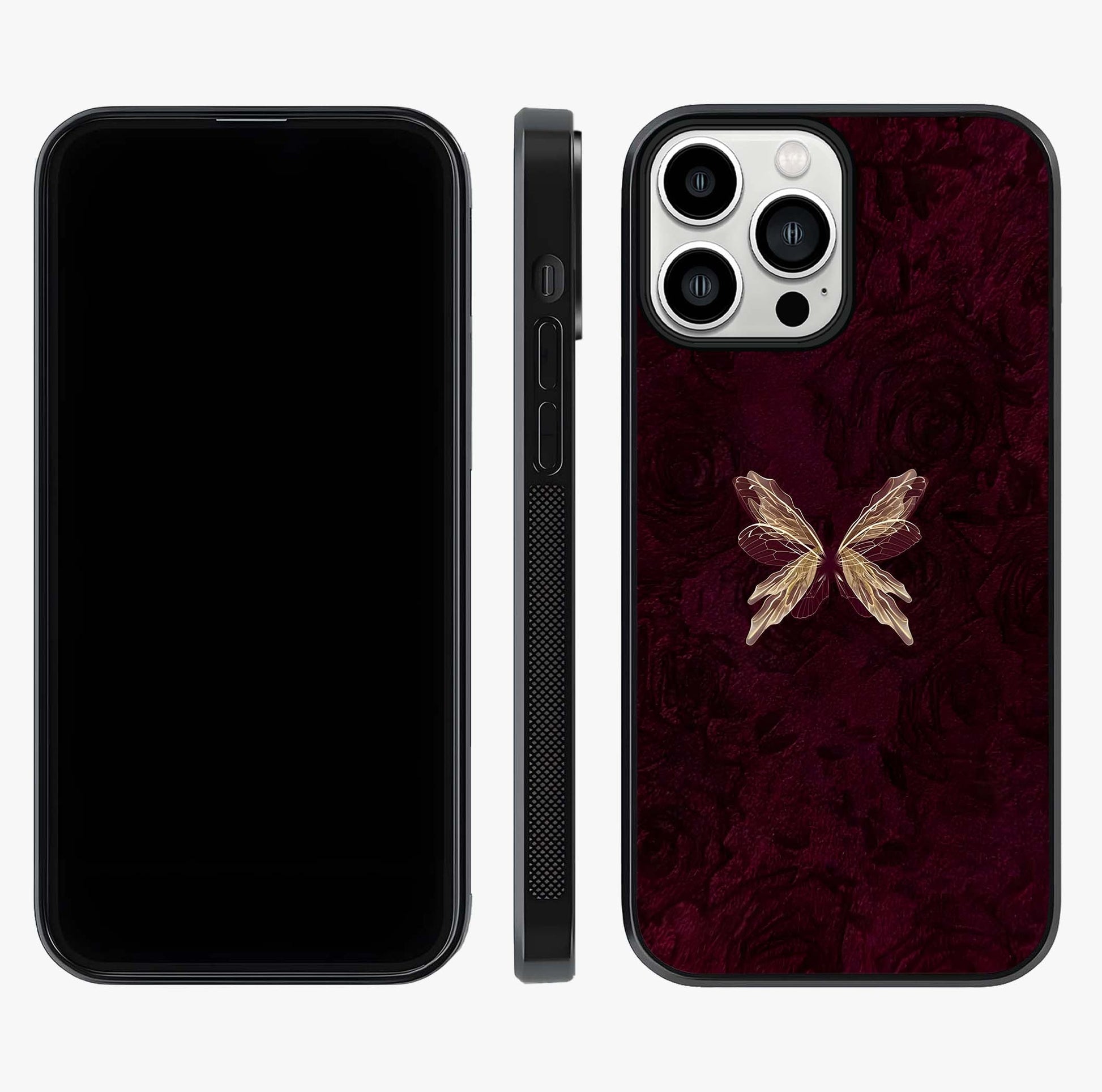 Crimson Fade Butterfly Glass Case displayed upright for full design visibility and premium finish.