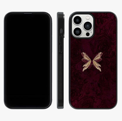 Crimson Fade Butterfly Glass Case displayed upright for full design visibility and premium finish.