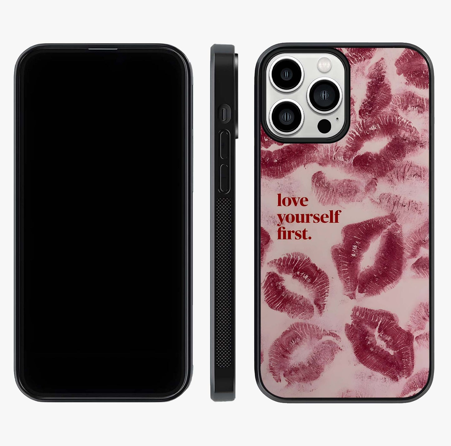 Crimson Kiss Love Glass Case displayed upright for full design visibility and premium finish.