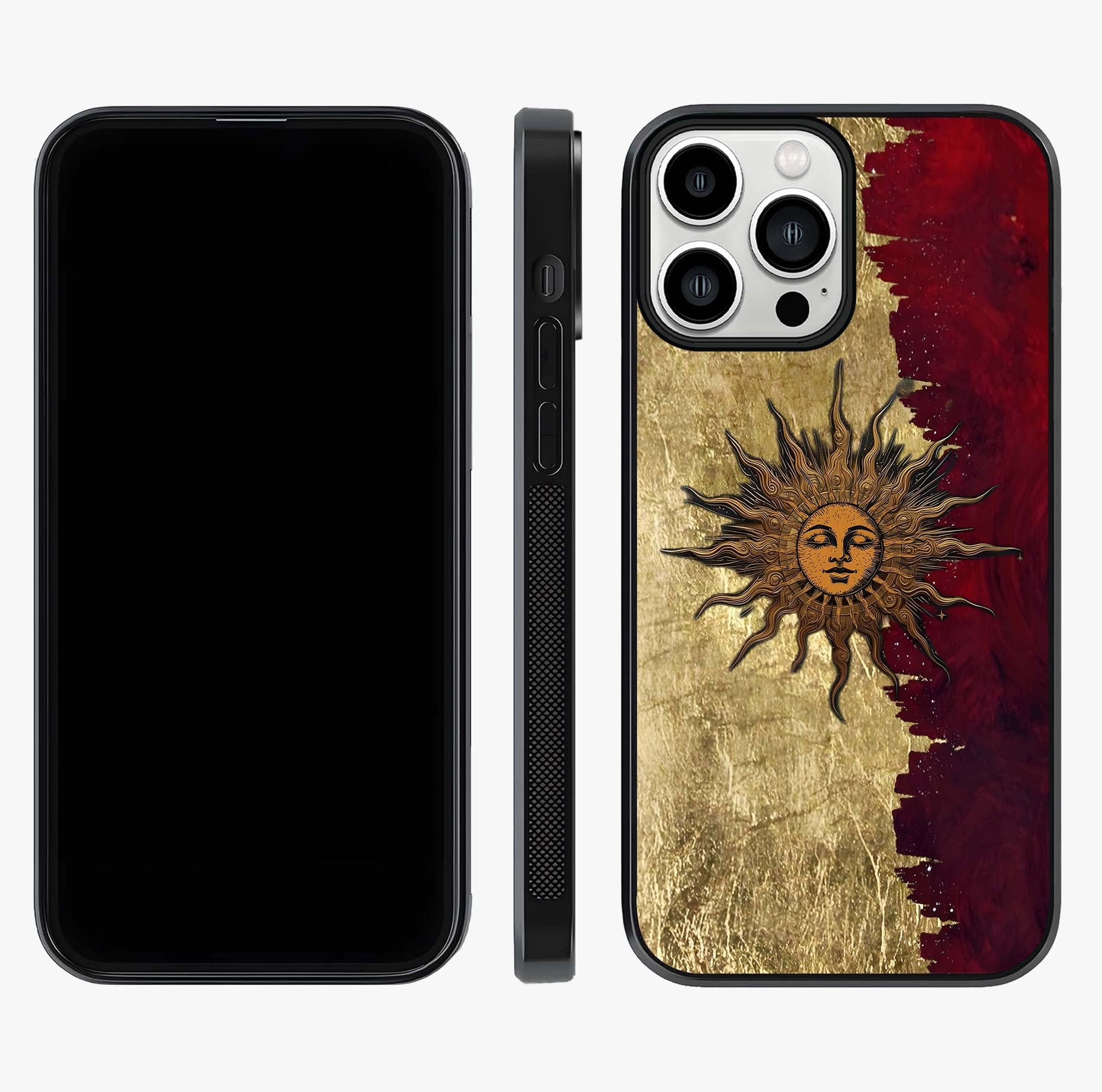 Crimson Sun Majesty Glass Case displayed upright for full design visibility and premium finish.