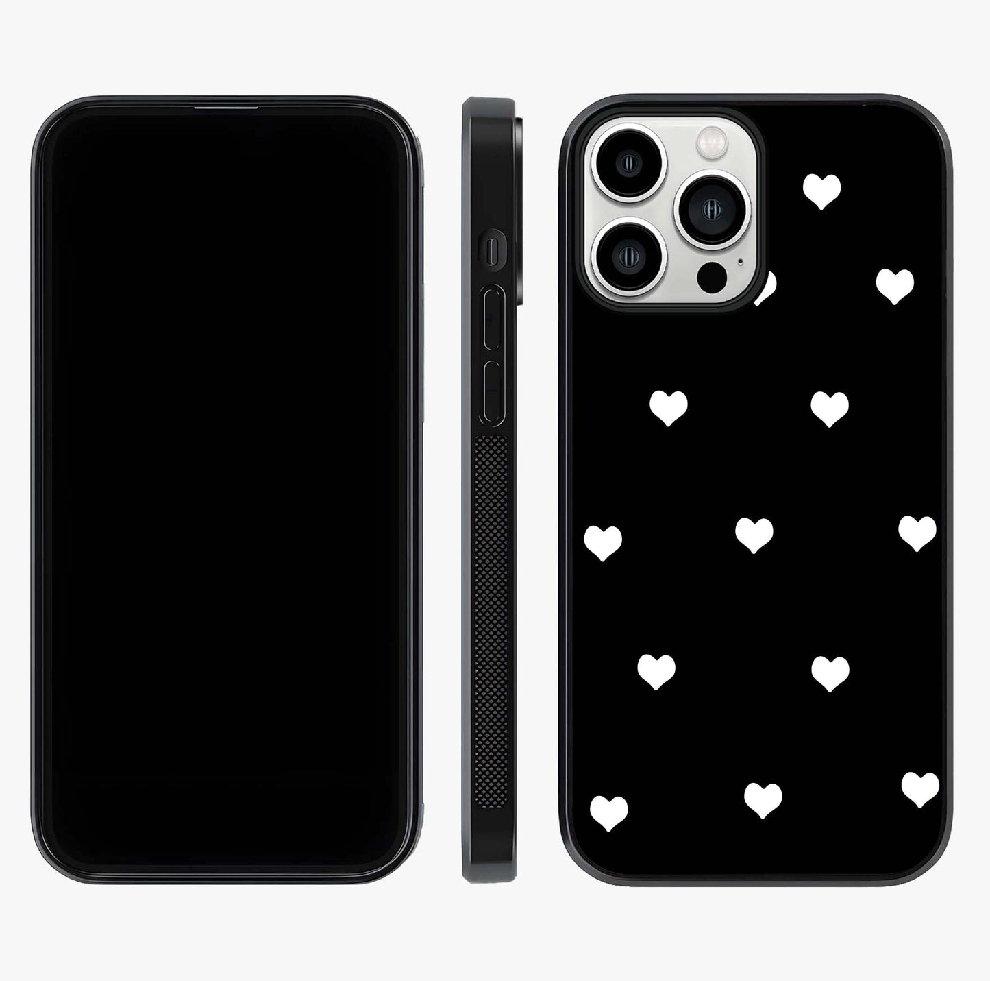 Cute And Simple White Hearts Glass Case displayed upright for full design visibility and premium finish.
