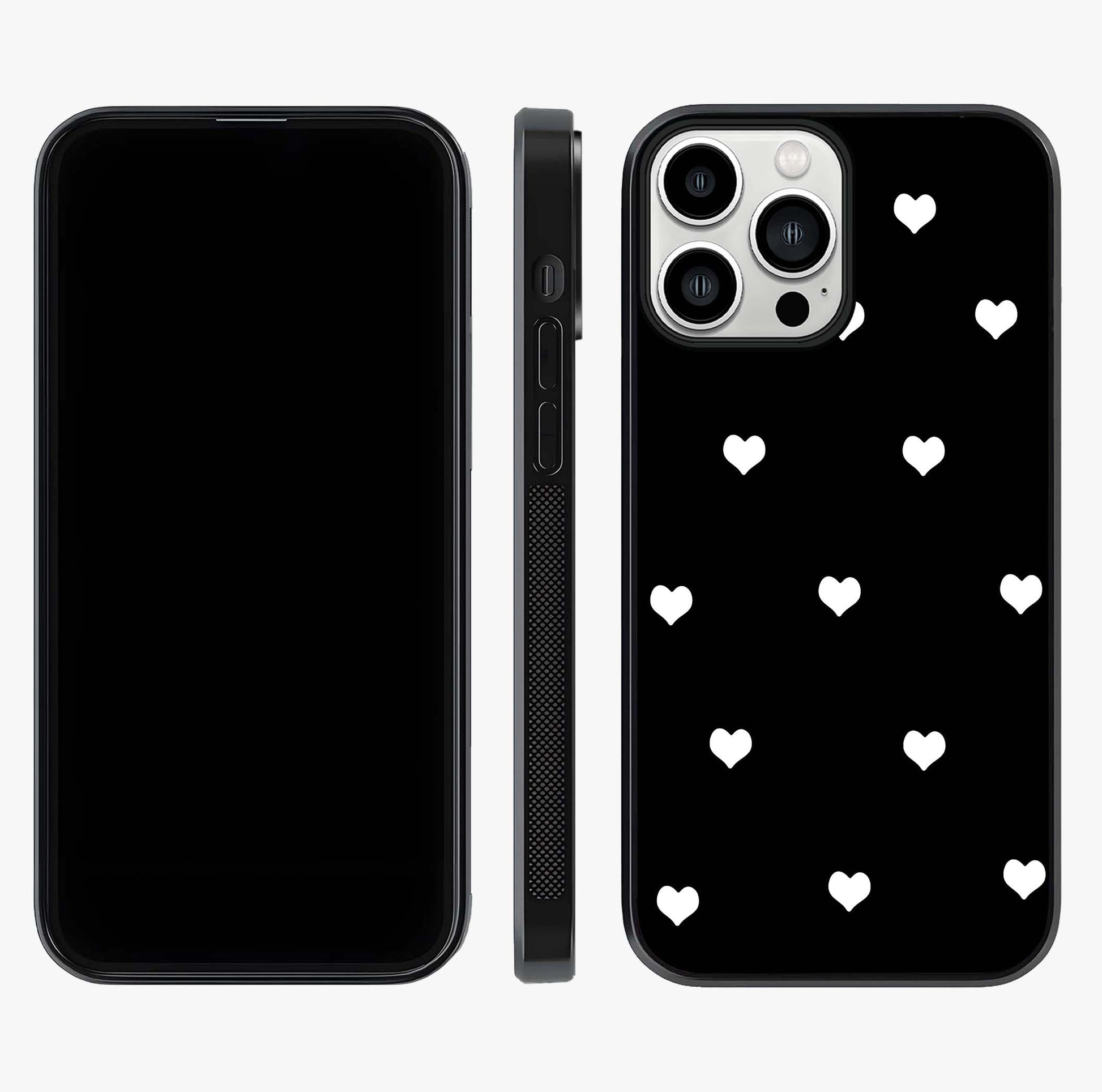 Cute And Simple White Hearts Glass Case displayed upright for full design visibility and premium finish.