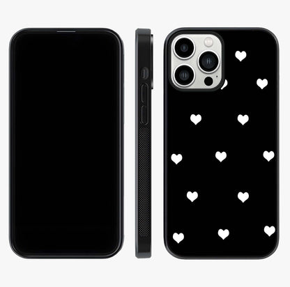 Cute And Simple White Hearts Glass Case displayed upright for full design visibility and premium finish.