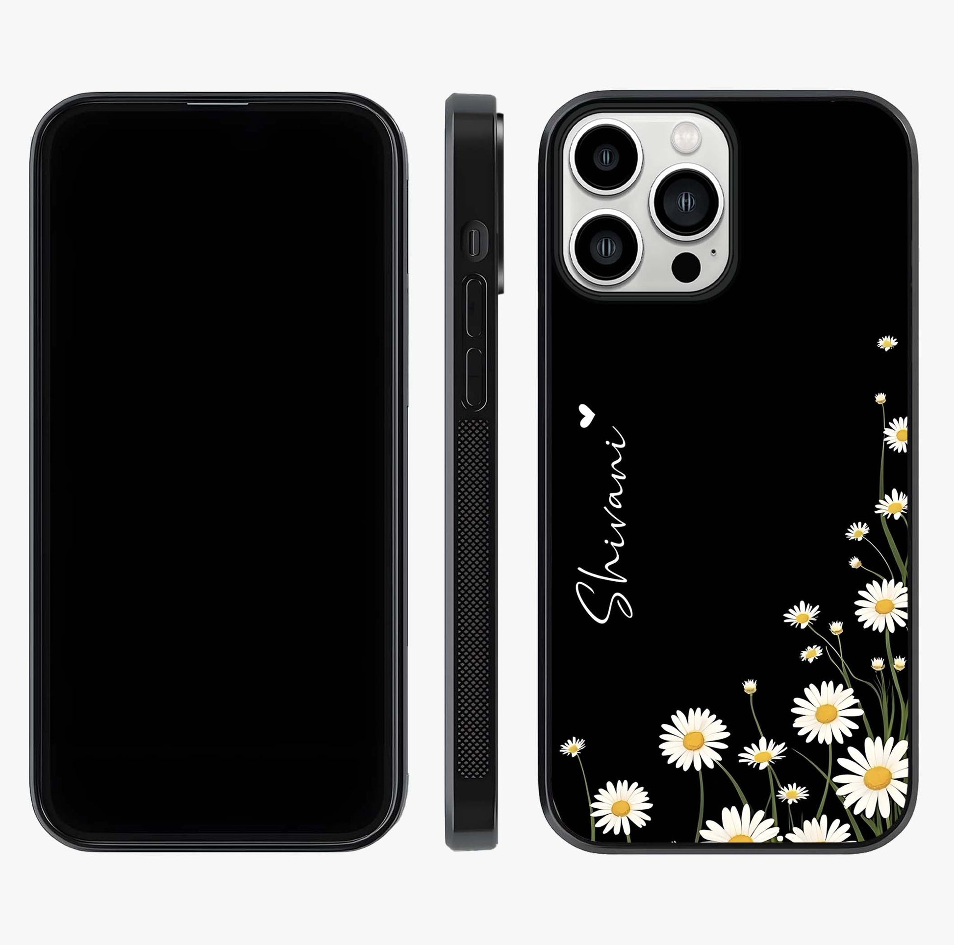 Daisy Cascade Custom Name Glass Case displayed upright for full design visibility and premium finish.