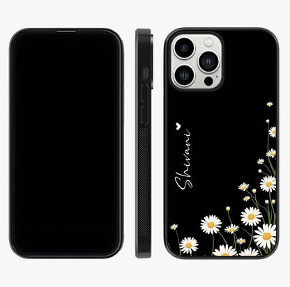 Daisy Cascade Custom Name Glass Case displayed upright for full design visibility and premium finish.