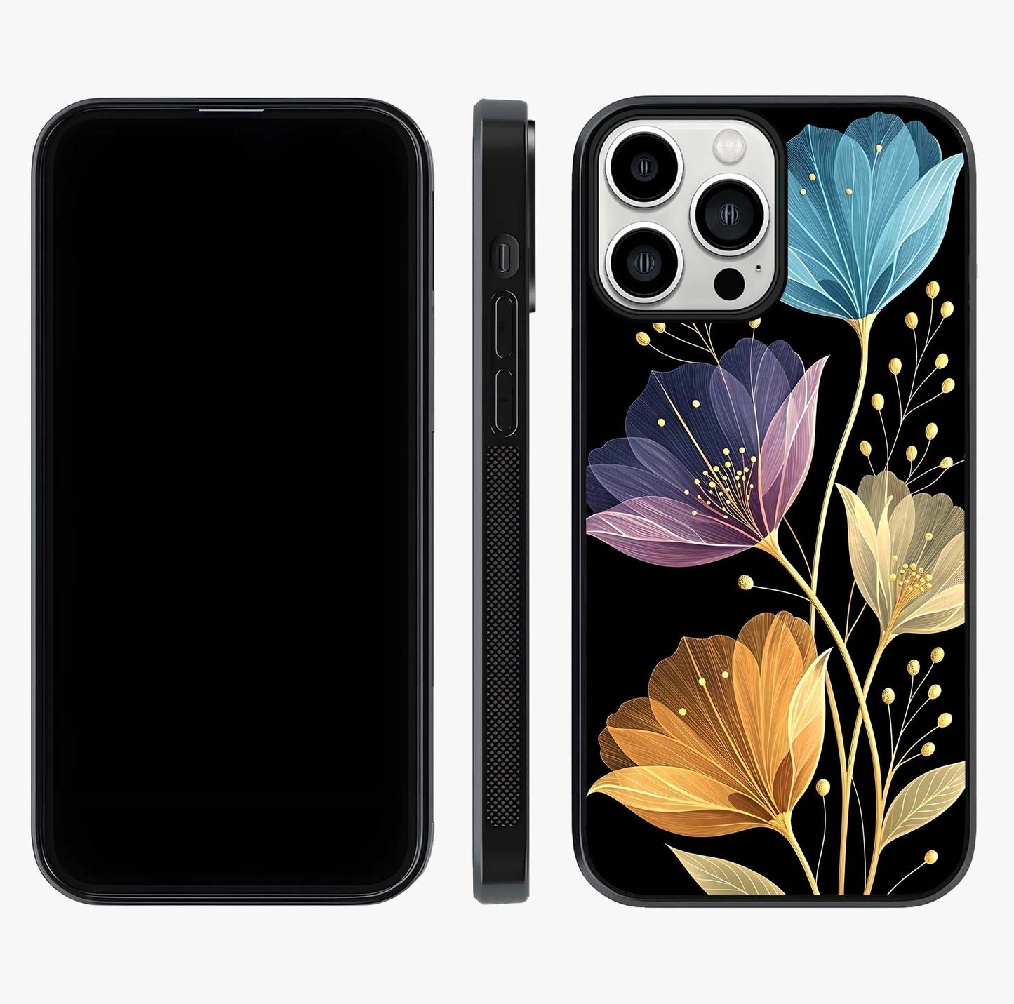 Delicate Multicolor Flowers Glass Case displayed upright for full design visibility and premium finish.