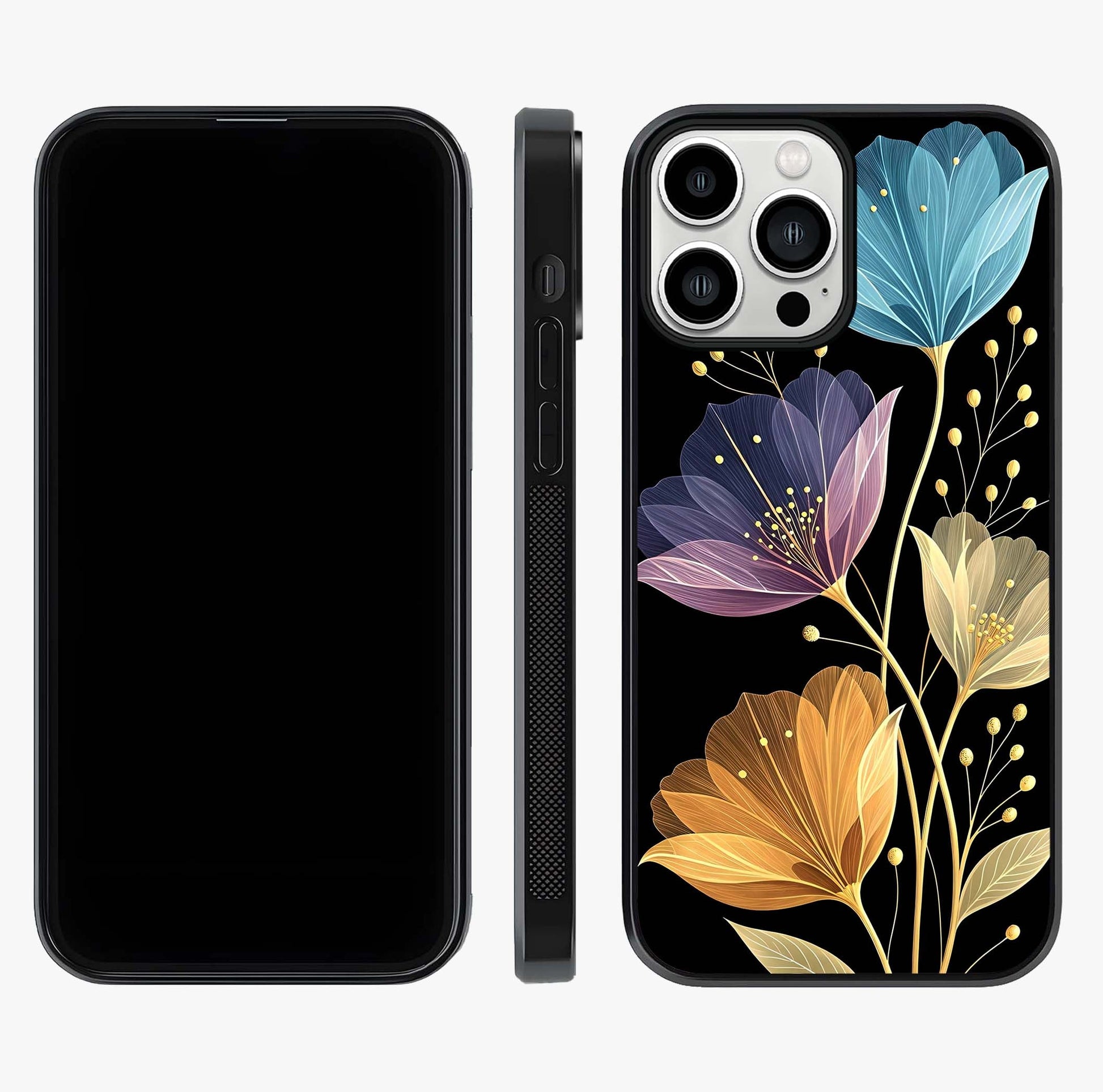 Delicate Multicolor Flowers Glass Case displayed upright for full design visibility and premium finish.
