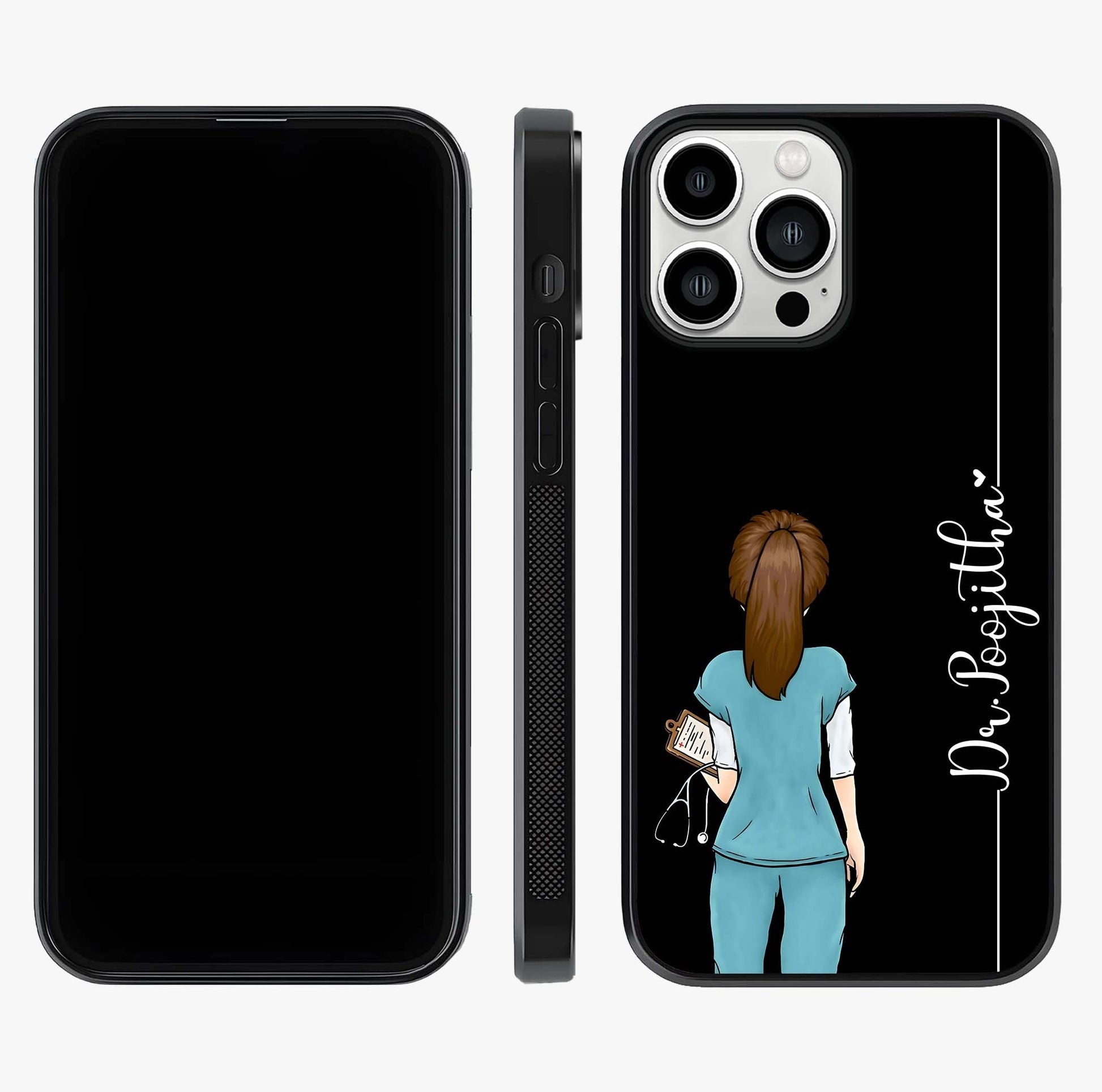 Doctor Pattern Custom Name Glass Case displayed upright for full design visibility and premium finish.