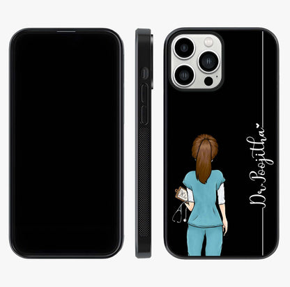 Doctor Pattern Custom Name Glass Case displayed upright for full design visibility and premium finish.