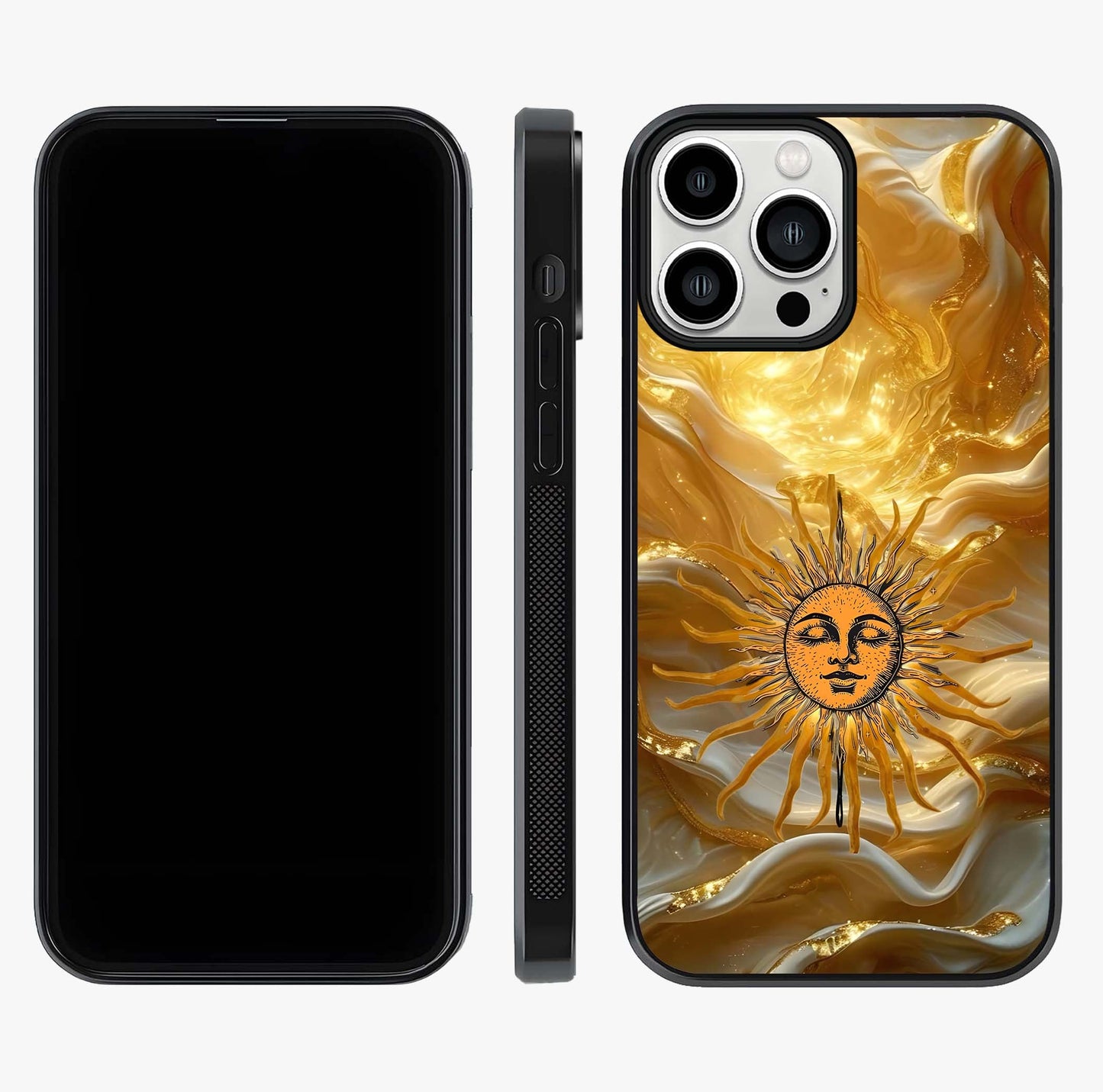 Eternal Golden Glow Glass Case displayed upright for full design visibility and premium finish.