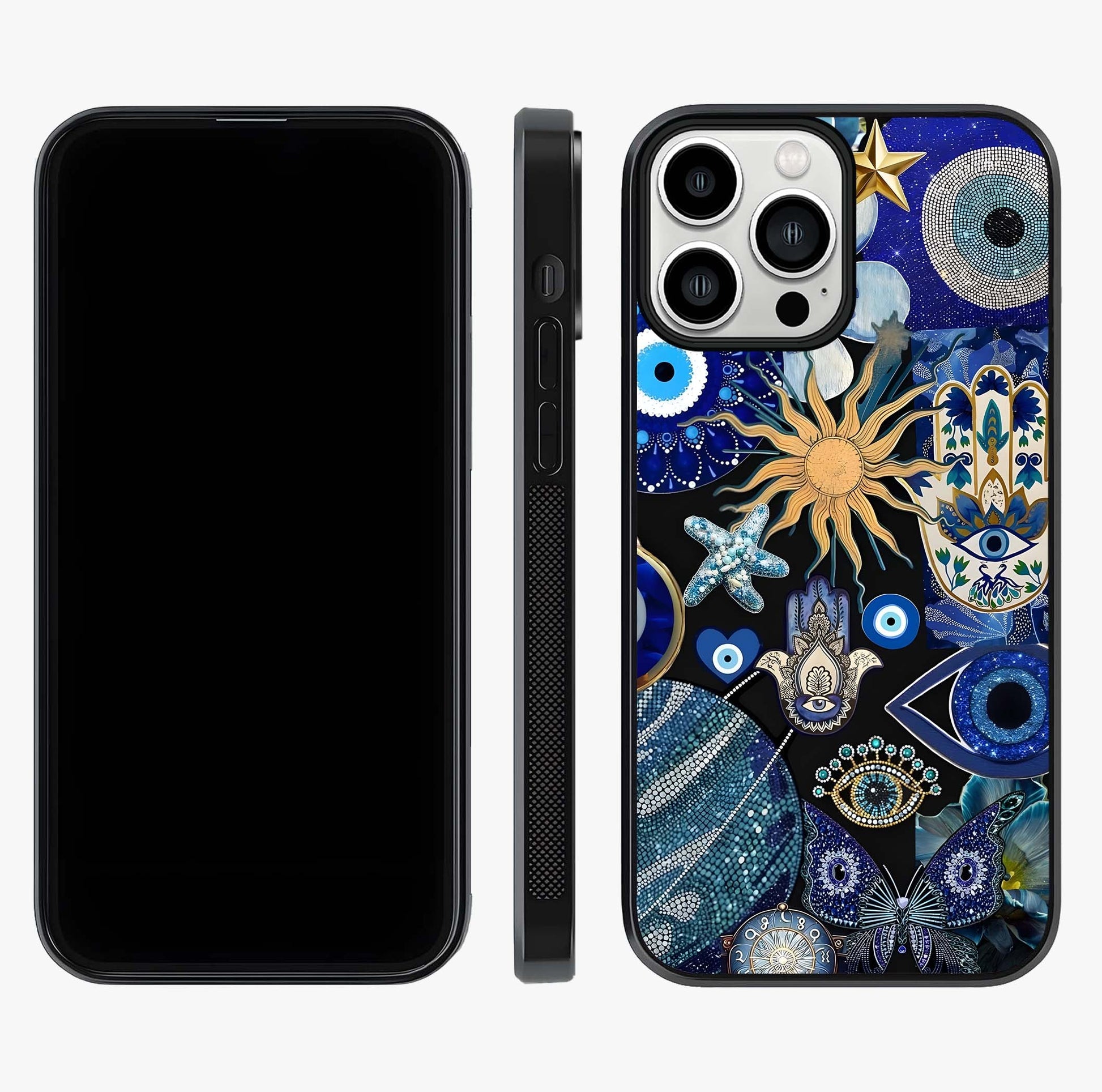 Evil Eye Charm Mix Glass Case displayed upright for full design visibility and premium finish.
