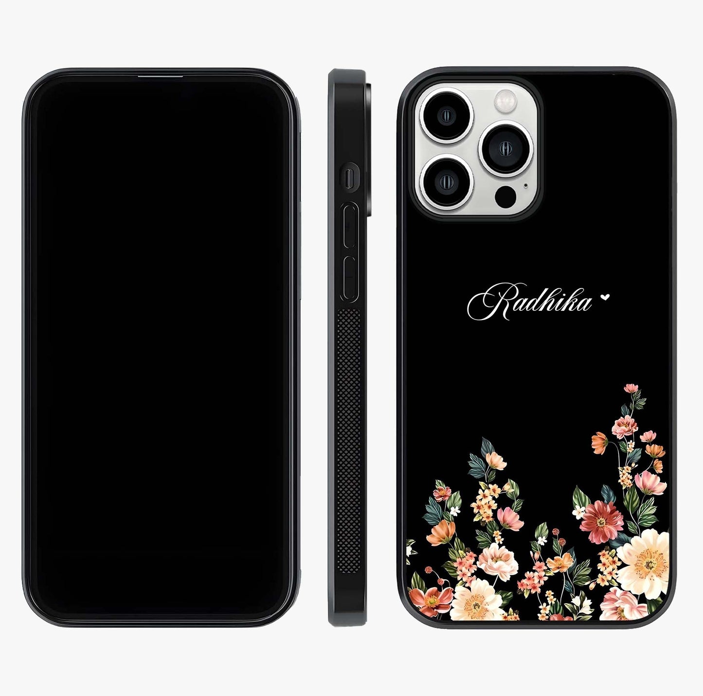 Floral Design With A Custom Personalized Name Glass Case displayed upright for full design visibility and premium finish.