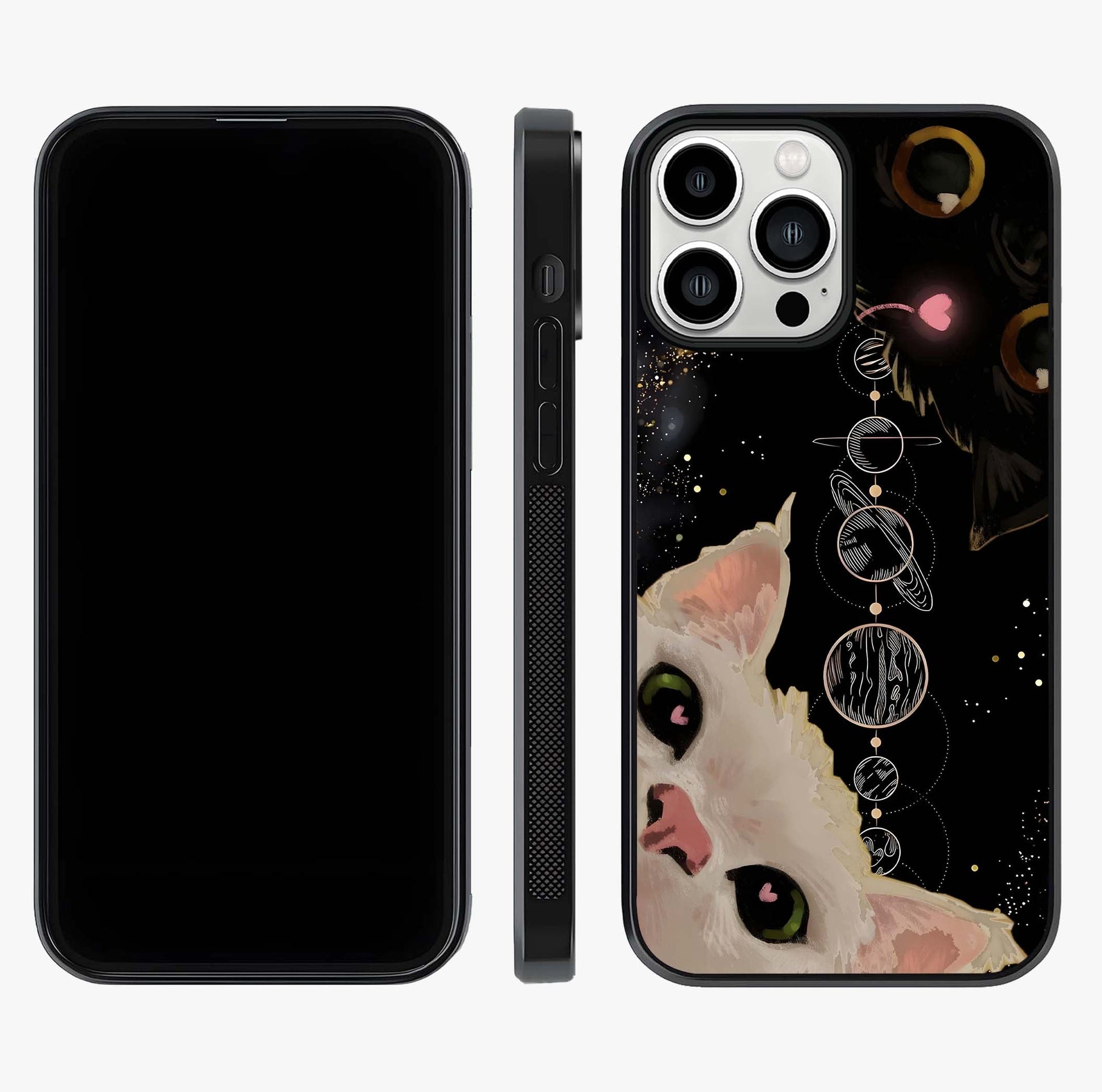 Galactic Cat Glass Case displayed upright for full design visibility and premium finish.