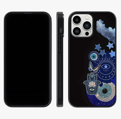 Galactic Charm Cluster Glass Case displayed upright for full design visibility and premium finish.