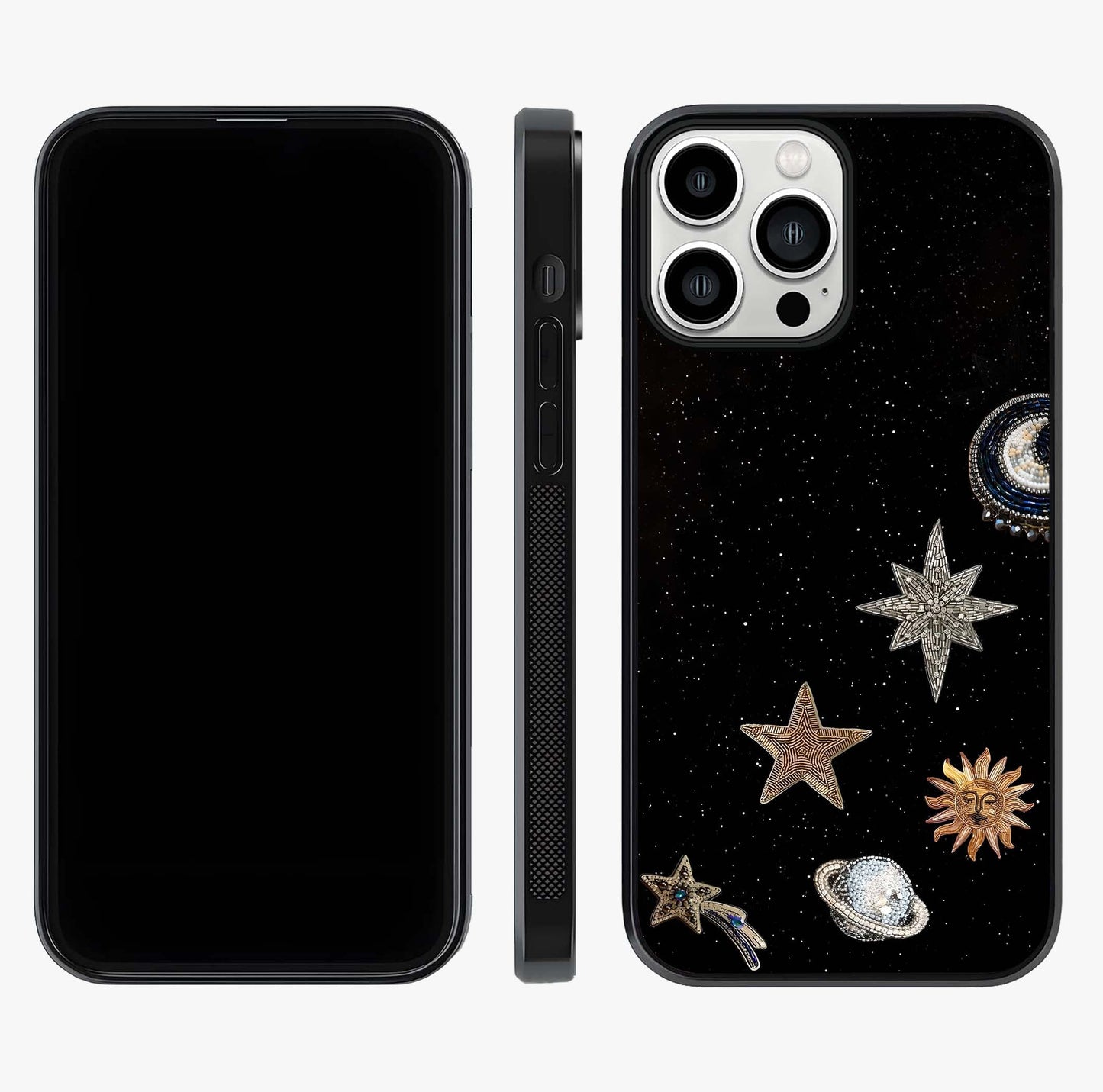 Galactic Charm Glow Glass Case displayed upright for full design visibility and premium finish.