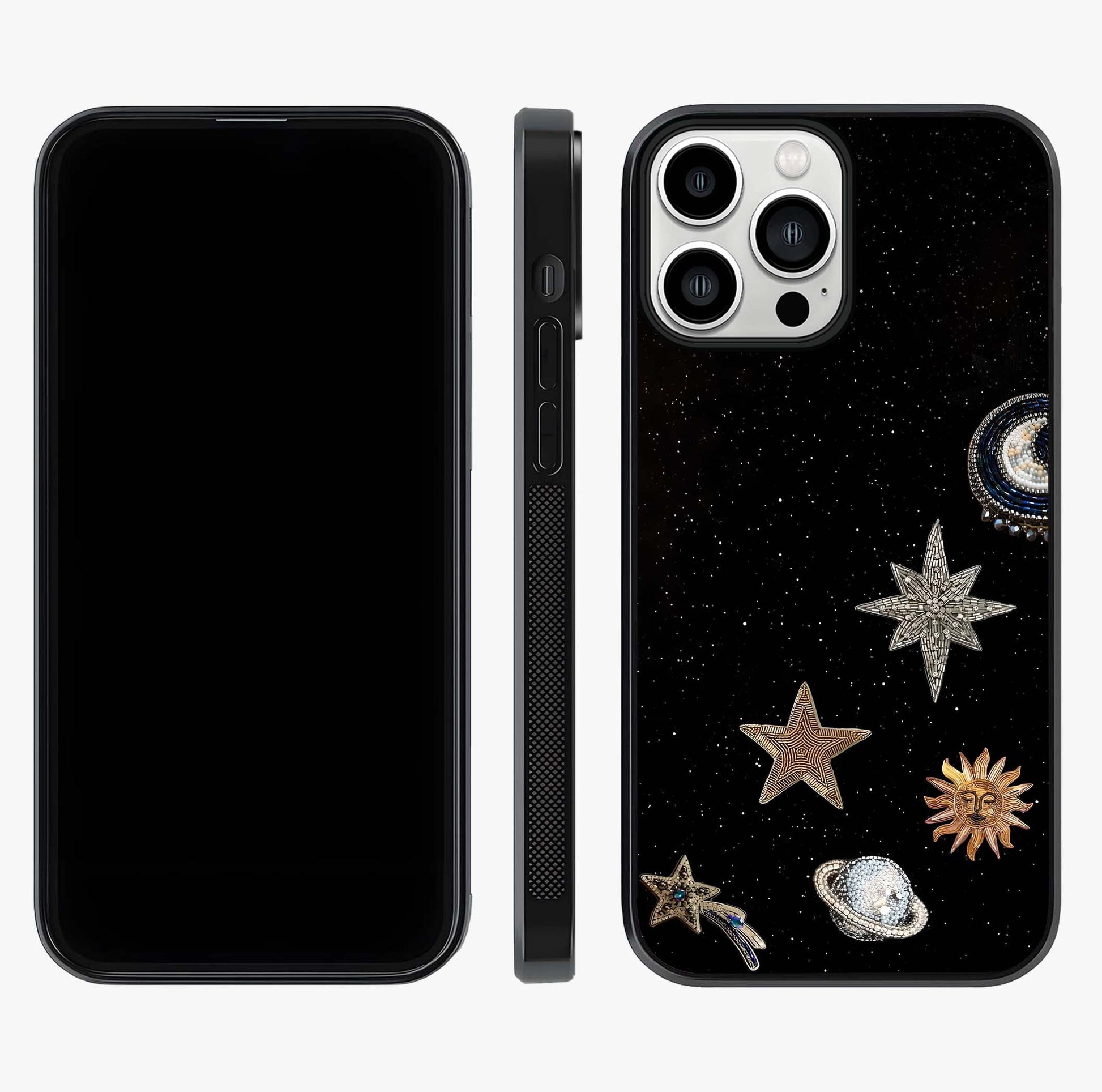 Galactic Charm Glow Glass Case displayed upright for full design visibility and premium finish.
