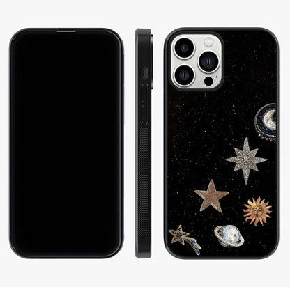 Galactic Charm Glow Glass Case displayed upright for full design visibility and premium finish.