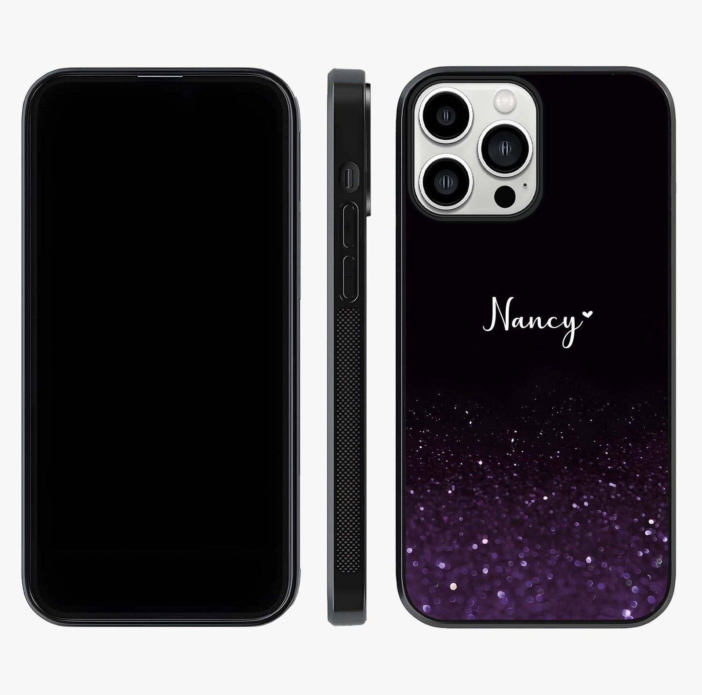 Glittery Purple Bokeh Custom Name Glass Case displayed upright for full design visibility and premium finish.