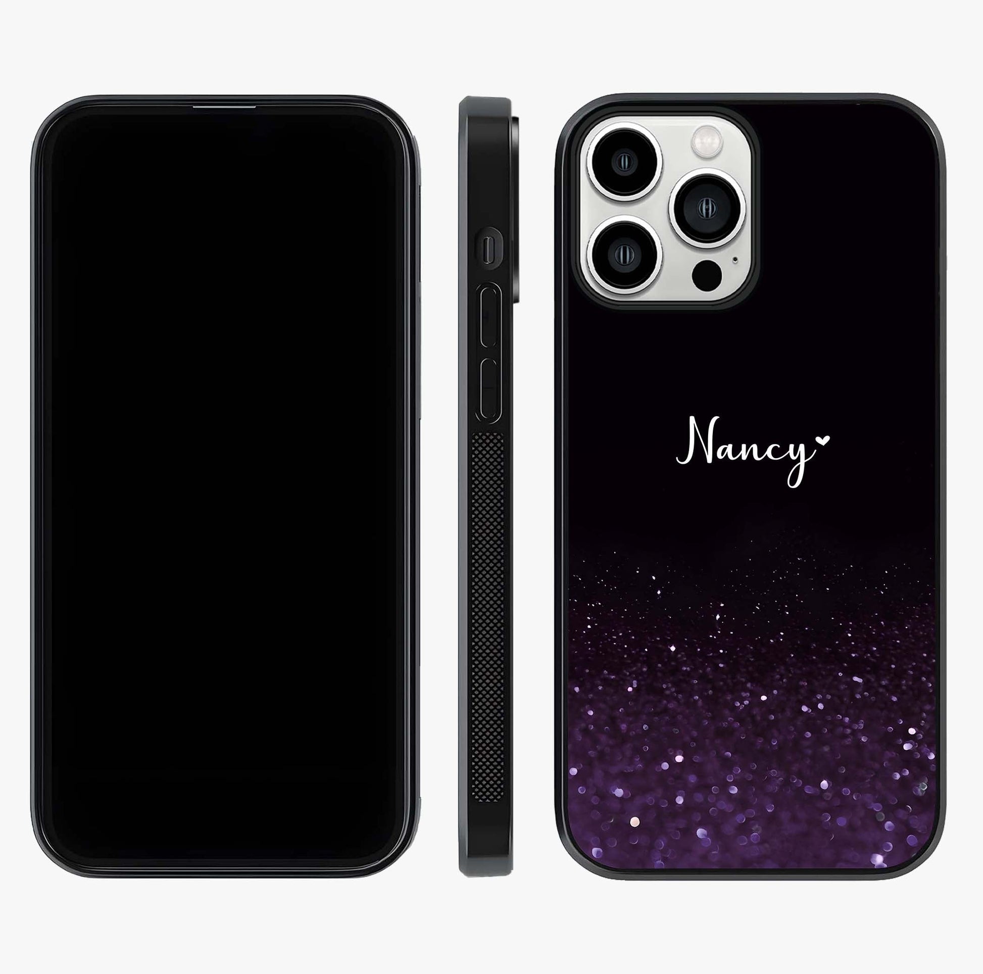 Glittery Purple Bokeh Custom Name Glass Case displayed upright for full design visibility and premium finish.