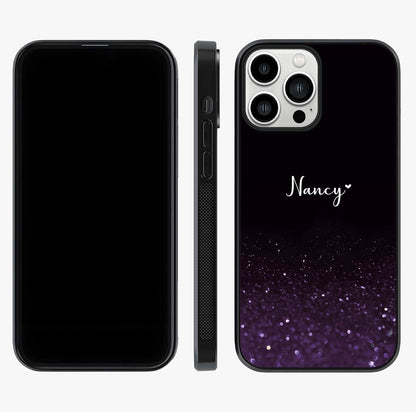 Glittery Purple Bokeh Custom Name Glass Case displayed upright for full design visibility and premium finish.