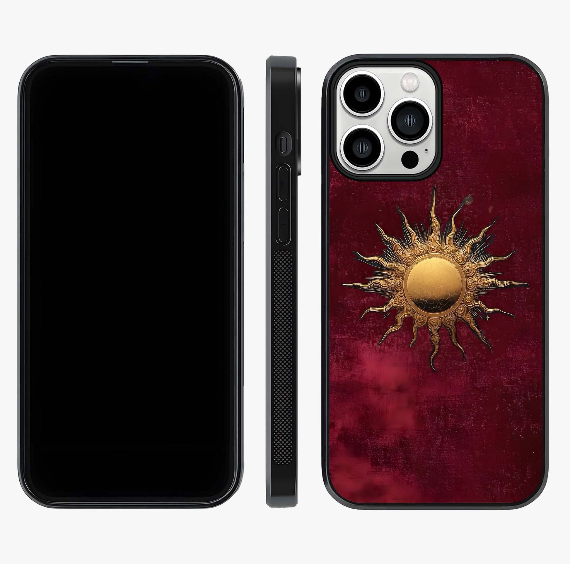Gold Sun Blush Glass Case displayed upright for full design visibility and premium finish.