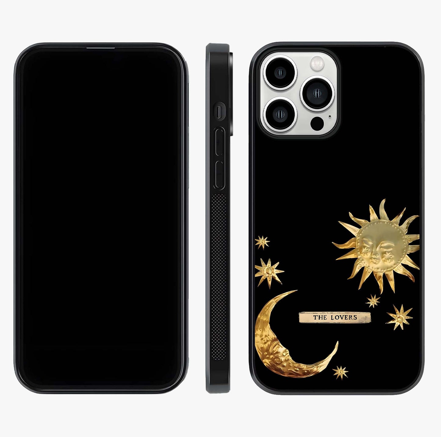 Golden Celestial Charm Glass Case displayed upright for full design visibility and premium finish.