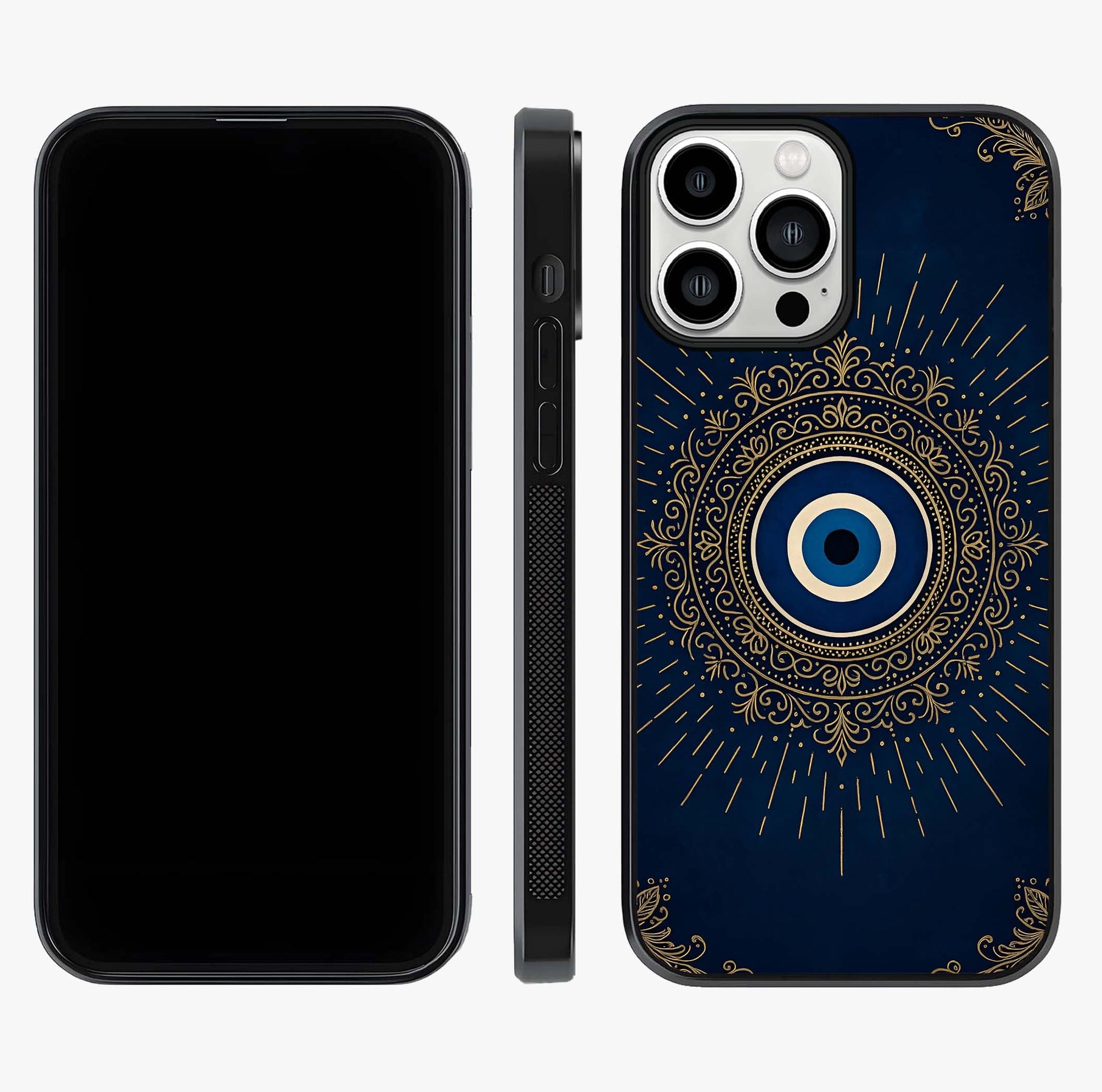 Golden Evil Eye Mandala Glass Case displayed upright for full design visibility and premium finish.
