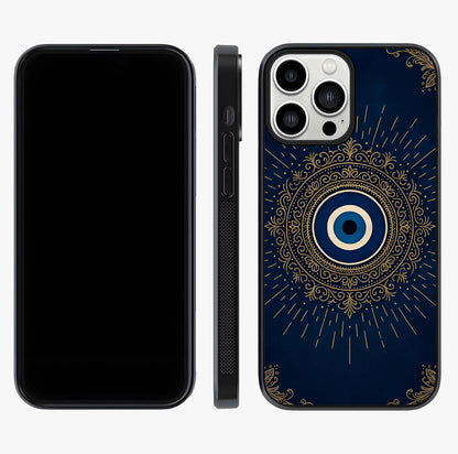 Golden Evil Eye Mandala Glass Case displayed upright for full design visibility and premium finish.